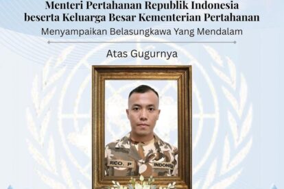 Memorial poster from Indonesia's Ministry of Defense expressing condolences for fallen soldier Rico P, photo framed in gold.