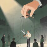 Giant hand controls office workers as marionettes with strings a man holds scissors as the puppeteer