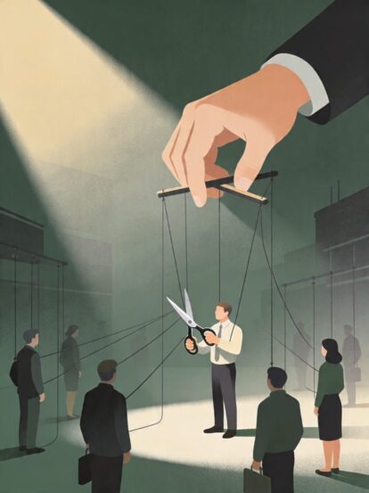 Giant hand controls office workers as marionettes with strings; a man holds scissors as the puppeteer.