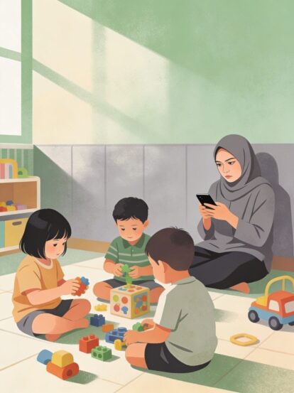 A woman in a gray hijab sits on the floor while three children play with colorful building blocks in a bright playroom, with toys around them.