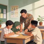 Teacher assisting three students at a desk helping them with worksheets in a classroom