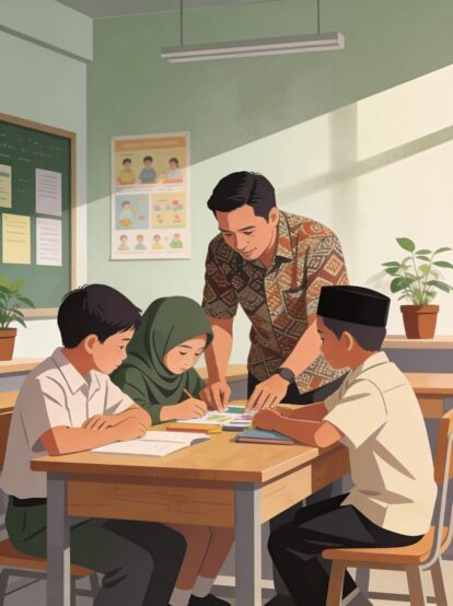 Teacher assisting three students at a desk, helping them with worksheets in a classroom.