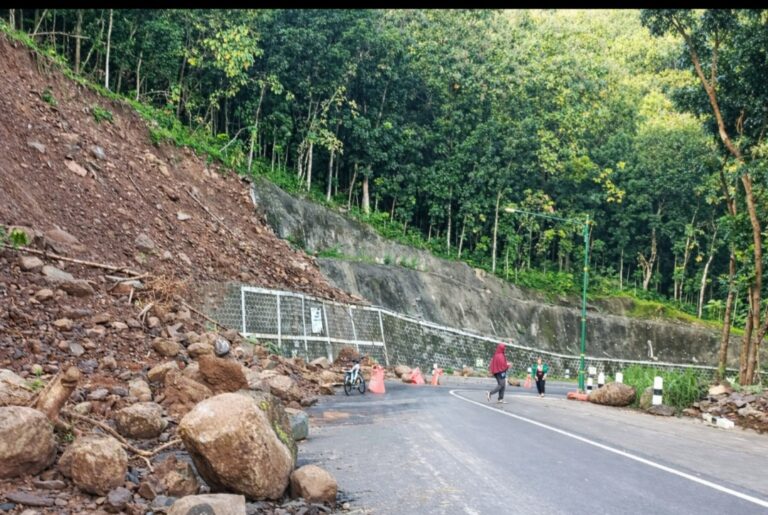 Road blocked by a landslide with large rocks scattered across the lane; a few people and a motorcycle nearby on a curving mountain road.