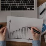 Person draws a rising bar chart on white paper with a marker on a desk with a laptop and financial charts nearby