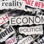 Collage of torn newspaper headlines about reality news economy politics and world events Note concise informative alt text for a collage image