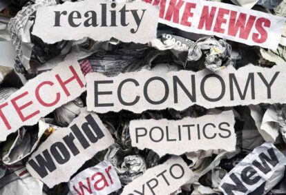 Collage of torn newspaper headlines about reality, news, economy, politics and world events. Note: concise, informative alt text for a collage image.