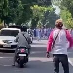 Group of people marching down a tree lined street as vehicles pass seen from behind the rider and oncoming traffic