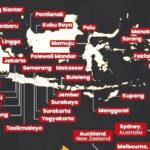 Map of indonesia with major cities labeled in red tags across the archipelago e G  jakarta bandung surabaya makassar
