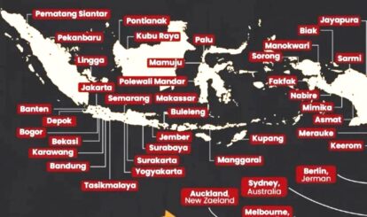 Map of Indonesia with major cities labeled in red tags across the archipelago (e.g., Jakarta, Bandung, Surabaya, Makassar).