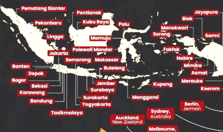 Map of Indonesia with major cities labeled in red tags across the archipelago (e.g., Jakarta, Bandung, Surabaya, Makassar).