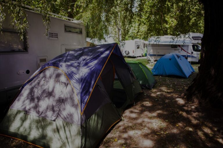 Row of colorful tents set up beside parked campers in a sunny wooded campsite惯