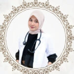 Female doctor in a white coat with a stethoscope wearing a hijab posed inside an ornate circular frame