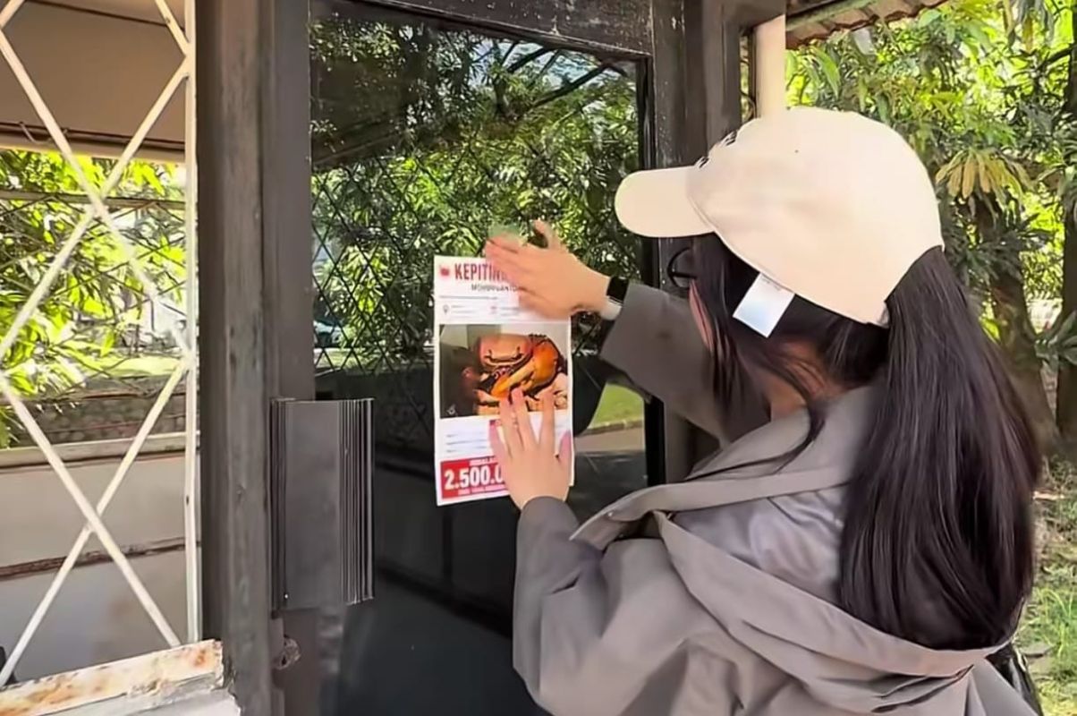 Person wearing a beige cap and gray coat pastes a flyer onto a glass door outside with greenery in the background