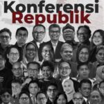 Collage of diverse professionals at a conference with the bold text konferensi republik above them