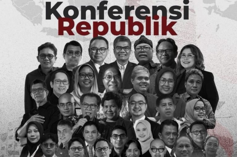 Collage of diverse professionals at a conference with the bold text Konferensi Republik above them.