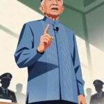 Older man in a blue traditional shirt and black cap speaks at a podium raising one finger as he delivers a speech