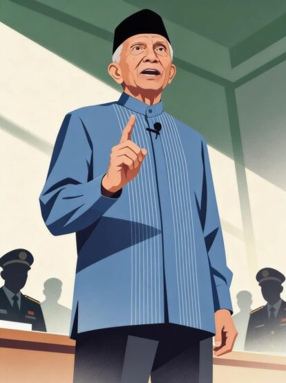 Older man in a blue traditional shirt and black cap speaks at a podium, raising one finger as he delivers a speech.