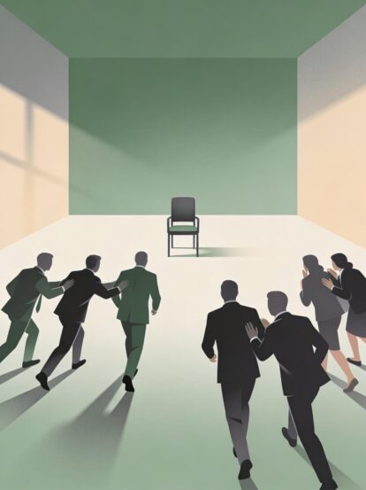 Group of businesspeople in suits rushing toward a single chair on a stage with green walls and soft lighting.
