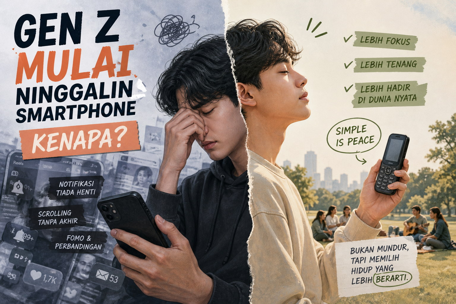 Ilustrasi gen z yang lelah dengan smartphone