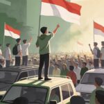 A speaker stands on a car roof addressing a large protest with red and white flags raised above the crowd to the left and right