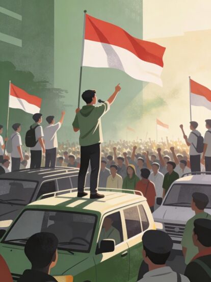 A speaker stands on a car roof addressing a large protest, with red and white flags raised above the crowd to the left and right.