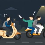 Two riders on motorbikes at night a man in a teal shirt brandishes a knife toward the other rider creating a dangerous scene