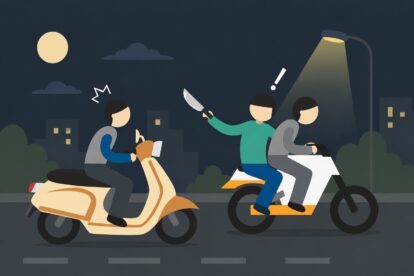 Two riders on motorbikes at night a man in a teal shirt brandishes a knife toward the other rider creating a dangerous scene