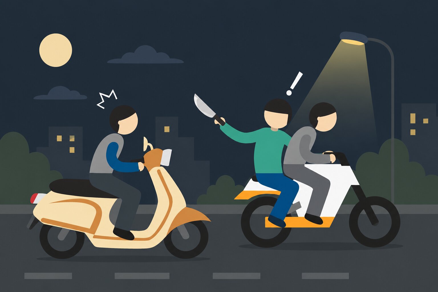 Two riders on motorbikes at night a man in a teal shirt brandishes a knife toward the other rider creating a dangerous scene