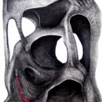 An anatomical illustration of a human pelvic bone with a red curved structure along the lower edge highlighting a nerve like pathway