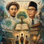 Poster featuring indonesian education pioneers ahmad dahlan and ki hajar dewantara with students walking toward a glowing open book themes of national education and independence are conveyed by banners and symbols in the scene