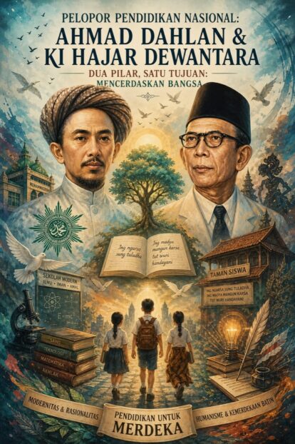 Poster featuring Indonesian education pioneers Ahmad Dahlan and Ki Hajar Dewantara with students walking toward a glowing open book; themes of national education and independence are conveyed by banners and symbols in the scene.