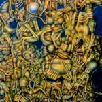 Intricate abstract sculpture like pattern of tangled yellow green bonelike forms against a blue background
