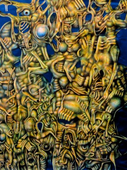 Intricate abstract sculpture-like pattern of tangled yellow-green bone‑like forms against a blue background.