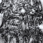 Abstract black and white texture with tangled fibrous patterns and swirling lines