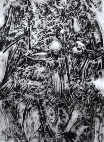 Abstract black-and-white texture with tangled, fibrous patterns and swirling lines.