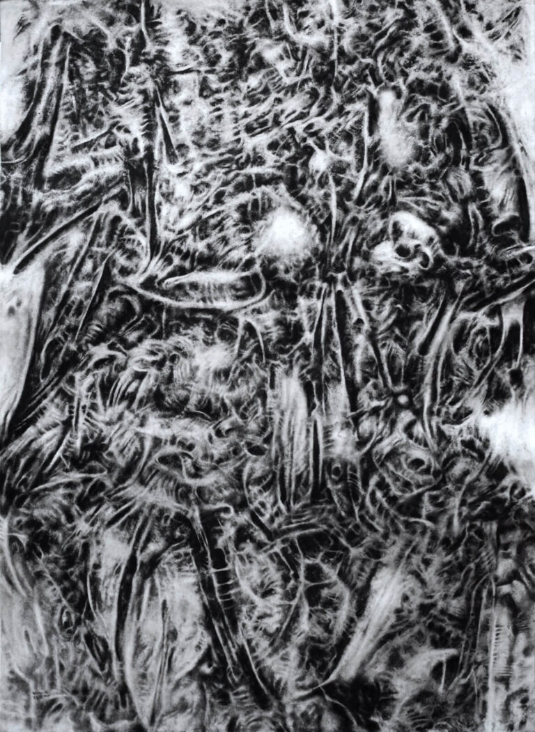 Abstract black-and-white texture with tangled, fibrous patterns and swirling lines.