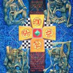 Four blue demon like figures surround a yellow geometric shrine with red circular symbols and a green diamond at the center