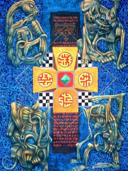 Four blue demon-like figures surround a yellow geometric shrine with red circular symbols and a green diamond at the center.