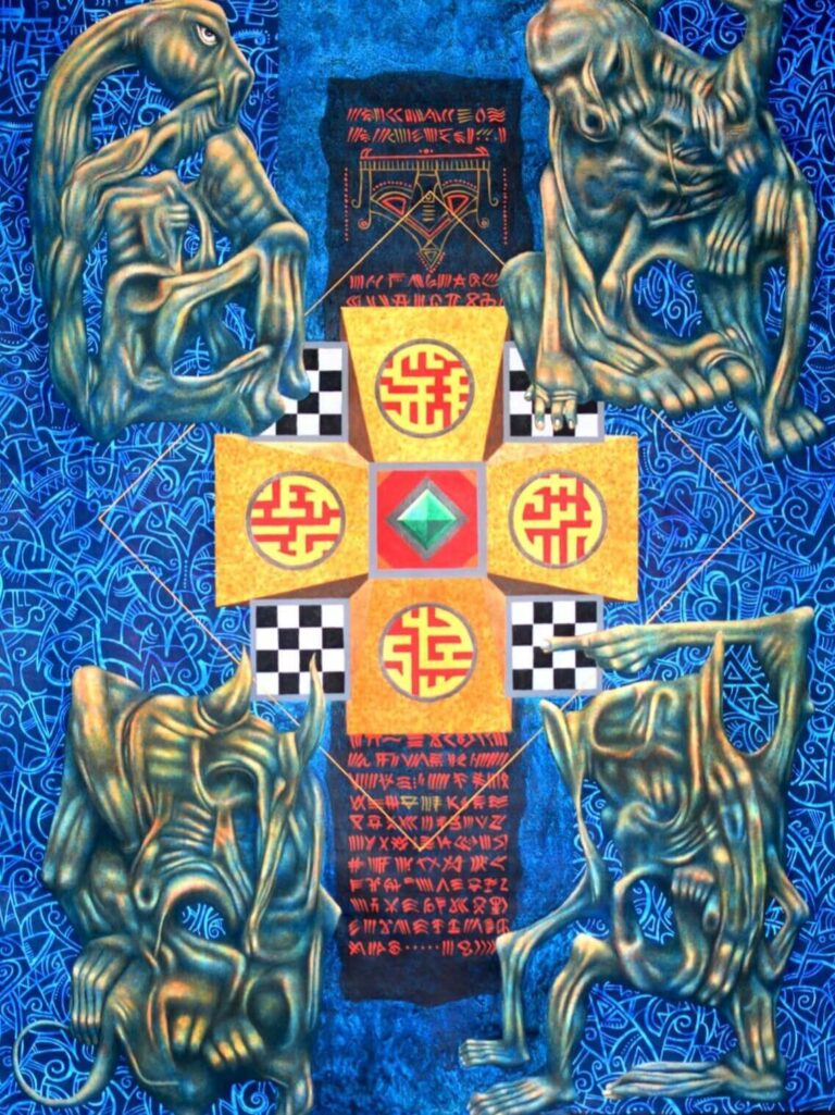 Four blue demon-like figures surround a yellow geometric shrine with red circular symbols and a green diamond at the center.