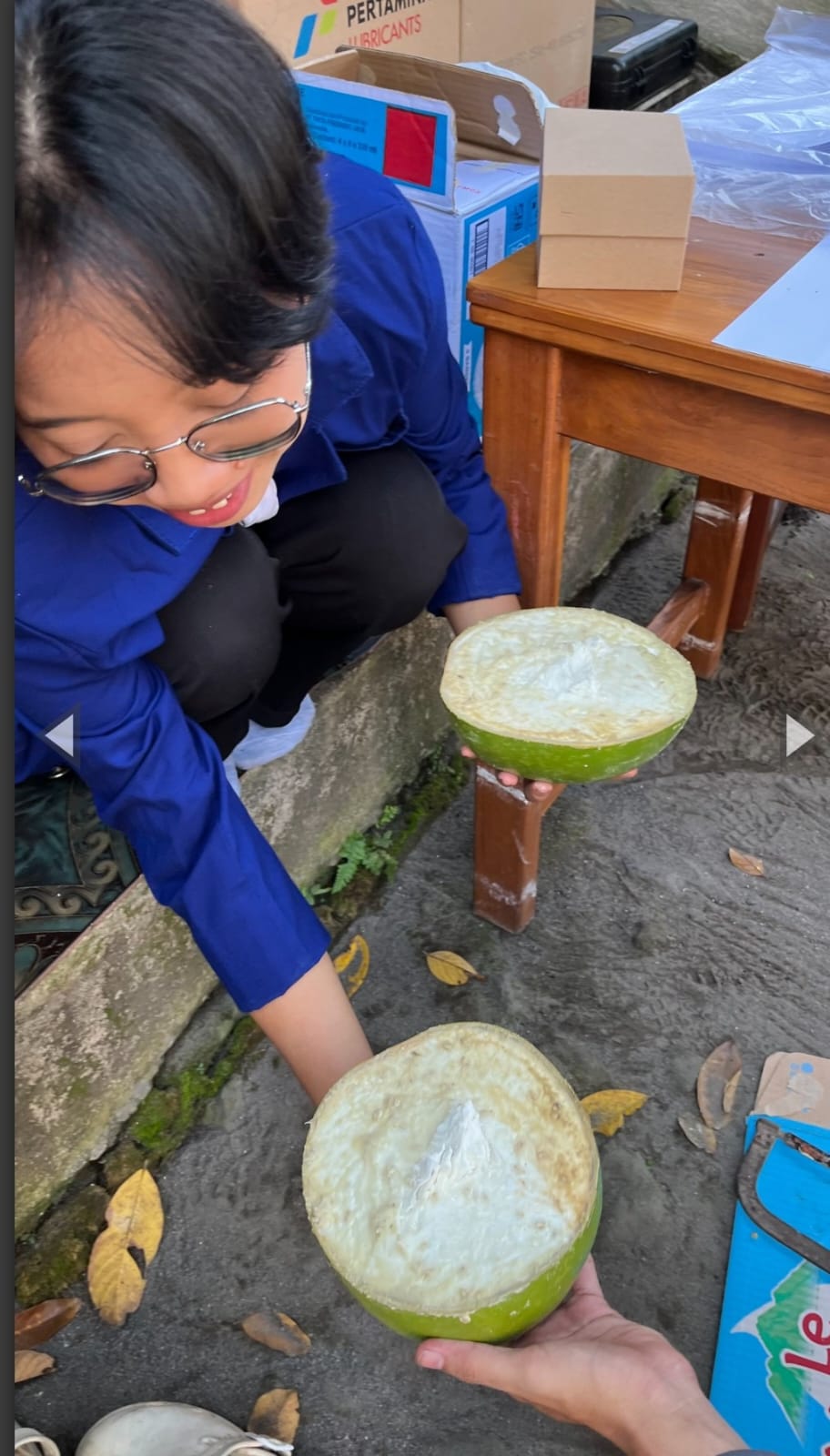 Person in a blue shirt and glasses crouches outdoors presenting two halved green coconuts with white flesh