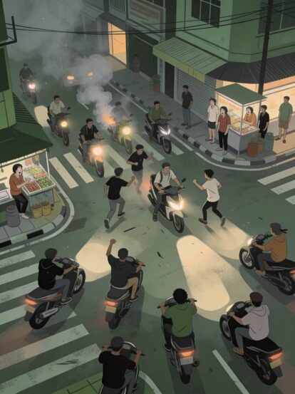 Urban street scene showing multiple motorbikes converging at a busy intersection as smoke rises from one bike, while pedestrians and street vendors watch from the sidewalk.