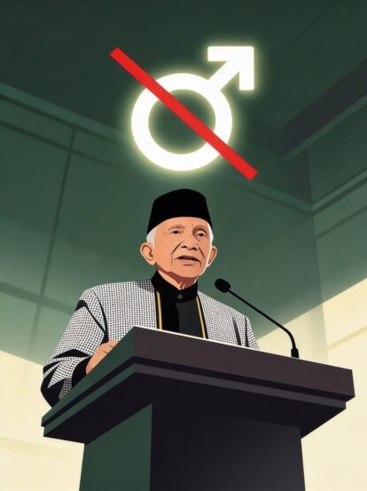 Illustration of an elderly man in a traditional hat speaking at a podium, with a large 'no men' symbol behind him.