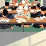 Group of students sitting at desks reading and writing in a classroom setting