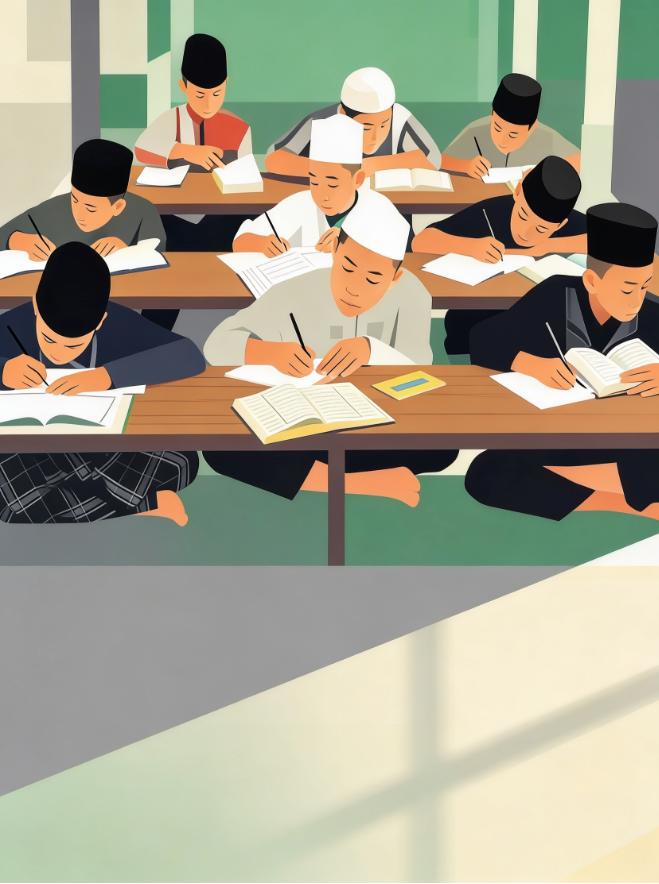 Group of students sitting at desks, reading and writing in a classroom setting.