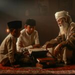 Old man with white beard and turban teaching two boys in a dim warm lit room with a manuscript on a rug
