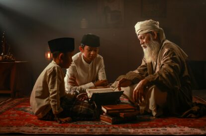 Old man with white beard and turban teaching two boys in a dim, warm-lit room with a manuscript on a rug.