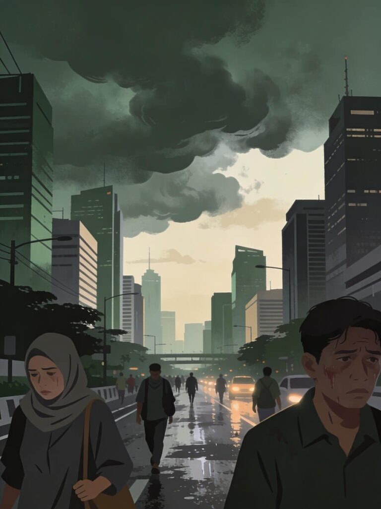 Urban street scene during a storm: dark, heavy clouds, wet road reflections, and pedestrians walking with weary expressions as cars glow in the distance.