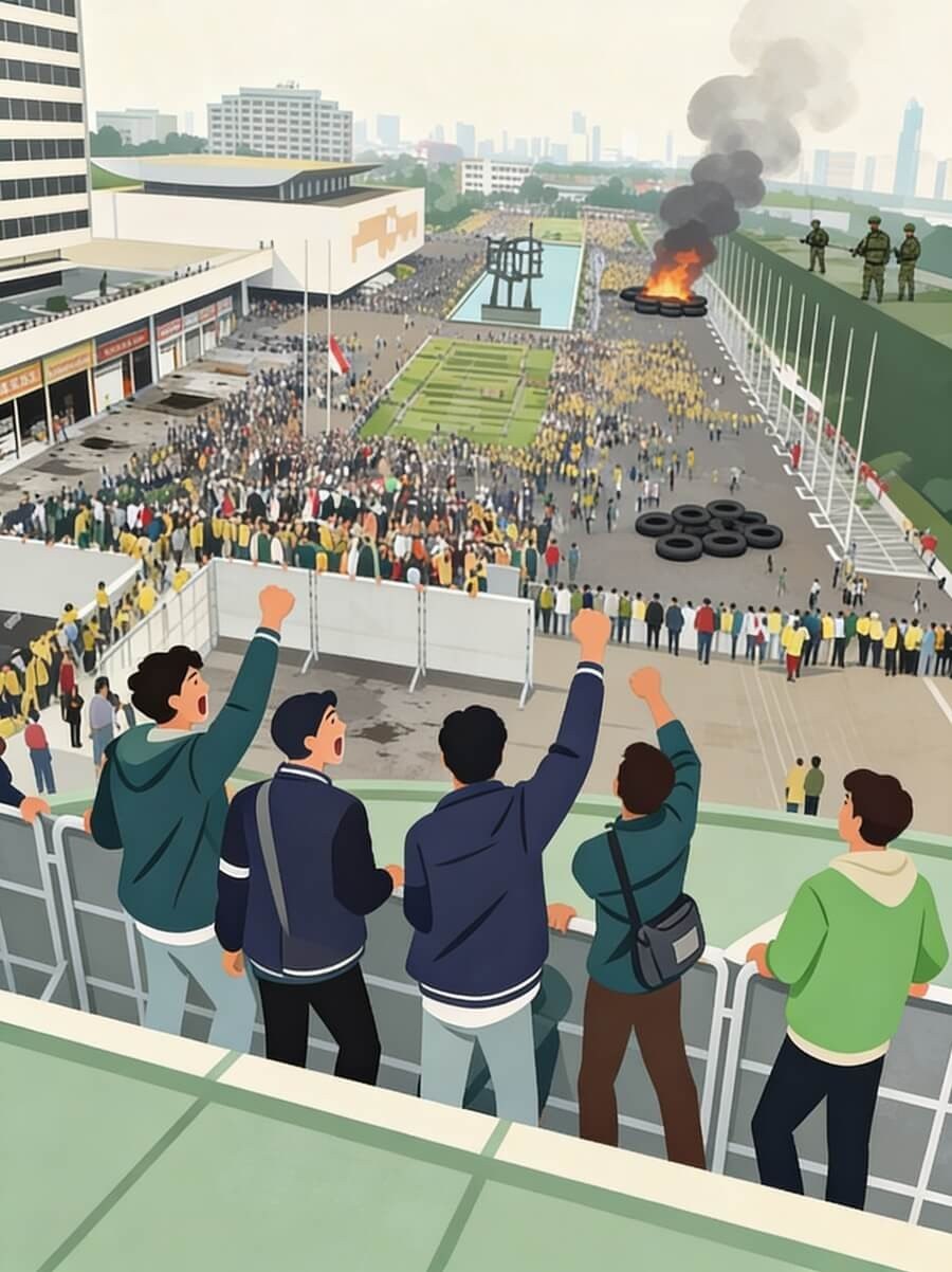 Crowd of protesters fills a city street with a burning tire pile and guards on a high wall overlooking the scene