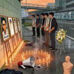 Group of young men standing in a line paying respects at a memorial with framed photos and candles in the rain