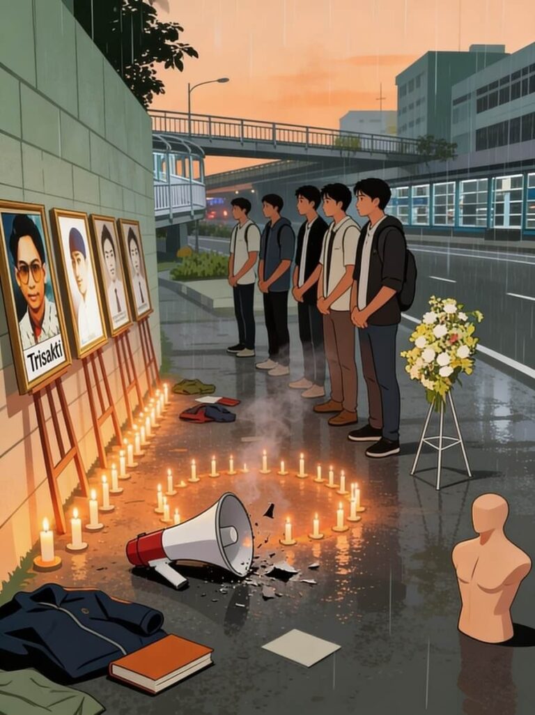 Group of young men standing in a line, paying respects at a memorial with framed photos and candles in the rain.
